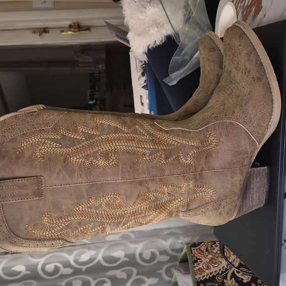 Western Cowgirl  Chunky Heel Mid Calf Snip Toe Vintage Tan Cowboy Boots 9.5 - Picture 2 of 14